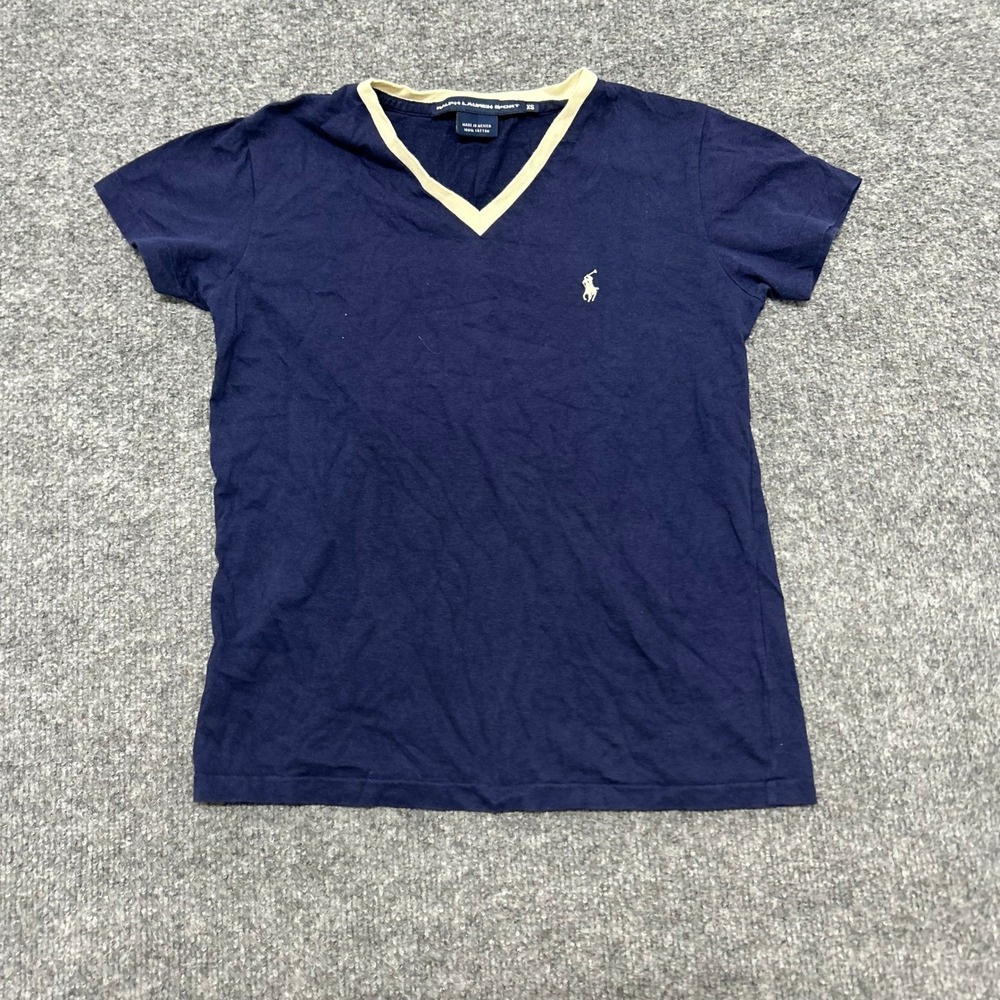 Ralph Lauren Sport T-Shirt Womens XS Navy Blue Cotton V-Neck Contrast Trim Pony